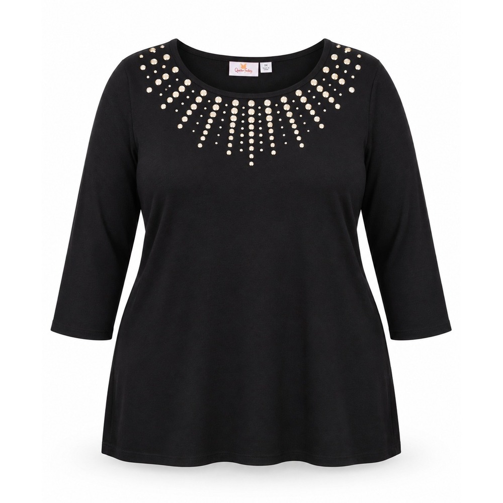 Quacker Factory 2X Black Gold Studded Rhinestone Scoop Neck 3/4 Sleeve Top